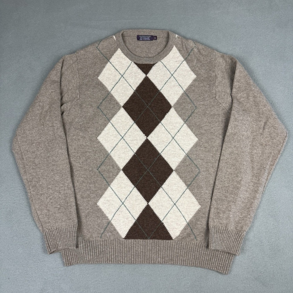 Gleneagles of Scotland Lambs wool Sweater Men's Size Medium Golf Plaid Brown